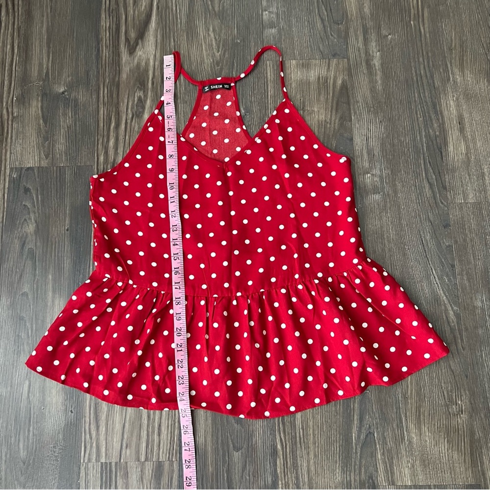 SHEIN Red and White Polka Dot Peplum Spaghetti Strap Top - Picture 6 of 10